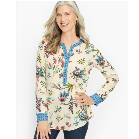 Talbots Tops - Talbots Dancing Floral Band Collar Popover